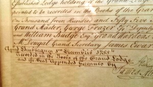 Endorsement block of the original 1755 charter of Kilwinning Port Royal Crosse from the Grand Lodge of Scotland.
